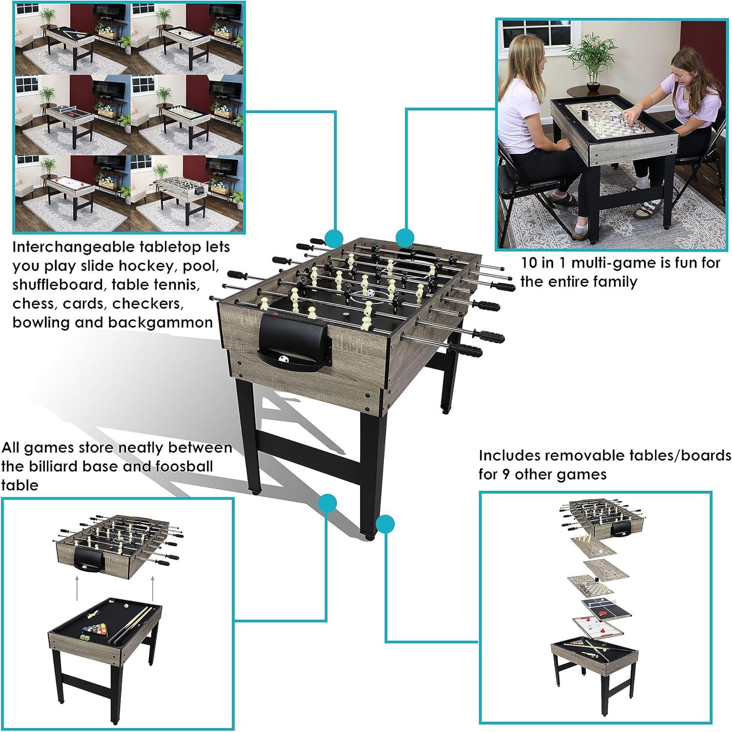 Sunnydaze Indoor Multi-Game Table with Billiards, Push Hockey, Foosball, Ping Pong, Bowling, and More - Classic Wood Stain