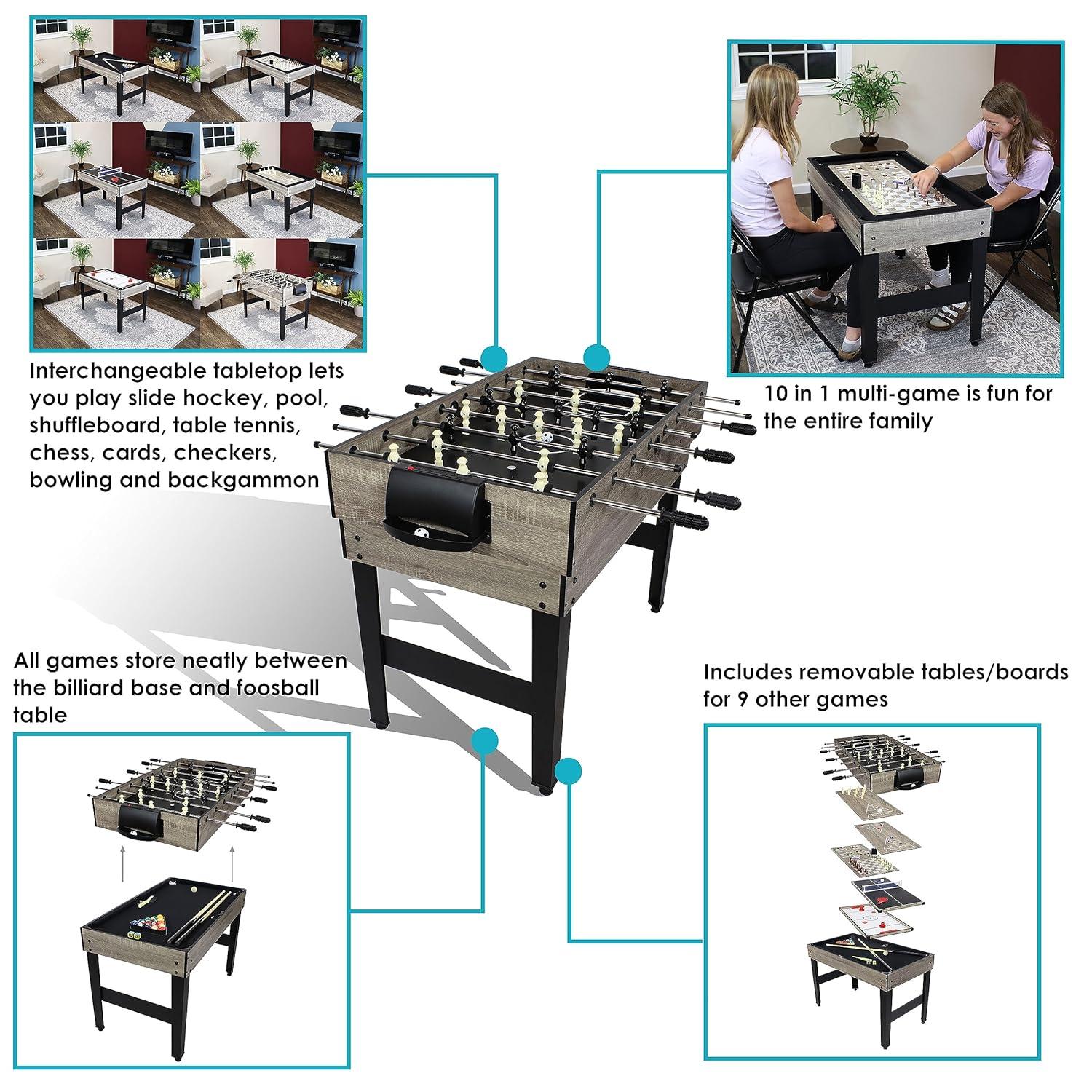 Sunnydaze Indoor Multi-Game Table with Billiards, Push Hockey, Foosball, Ping Pong, Bowling, and More - Classic Wood Stain