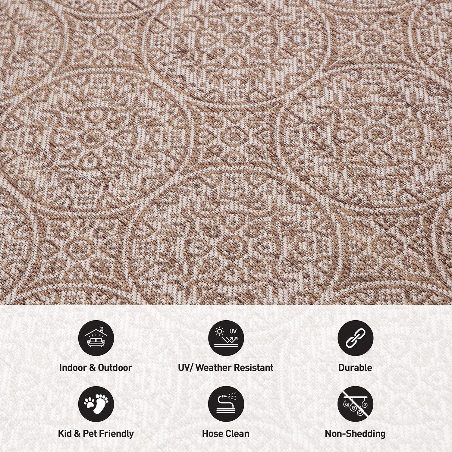 World Rug Gallery Transitional Floral Circles Textured Flat Weave Indoor/Outdoor Area Rug - BROWN 7'10"X10'