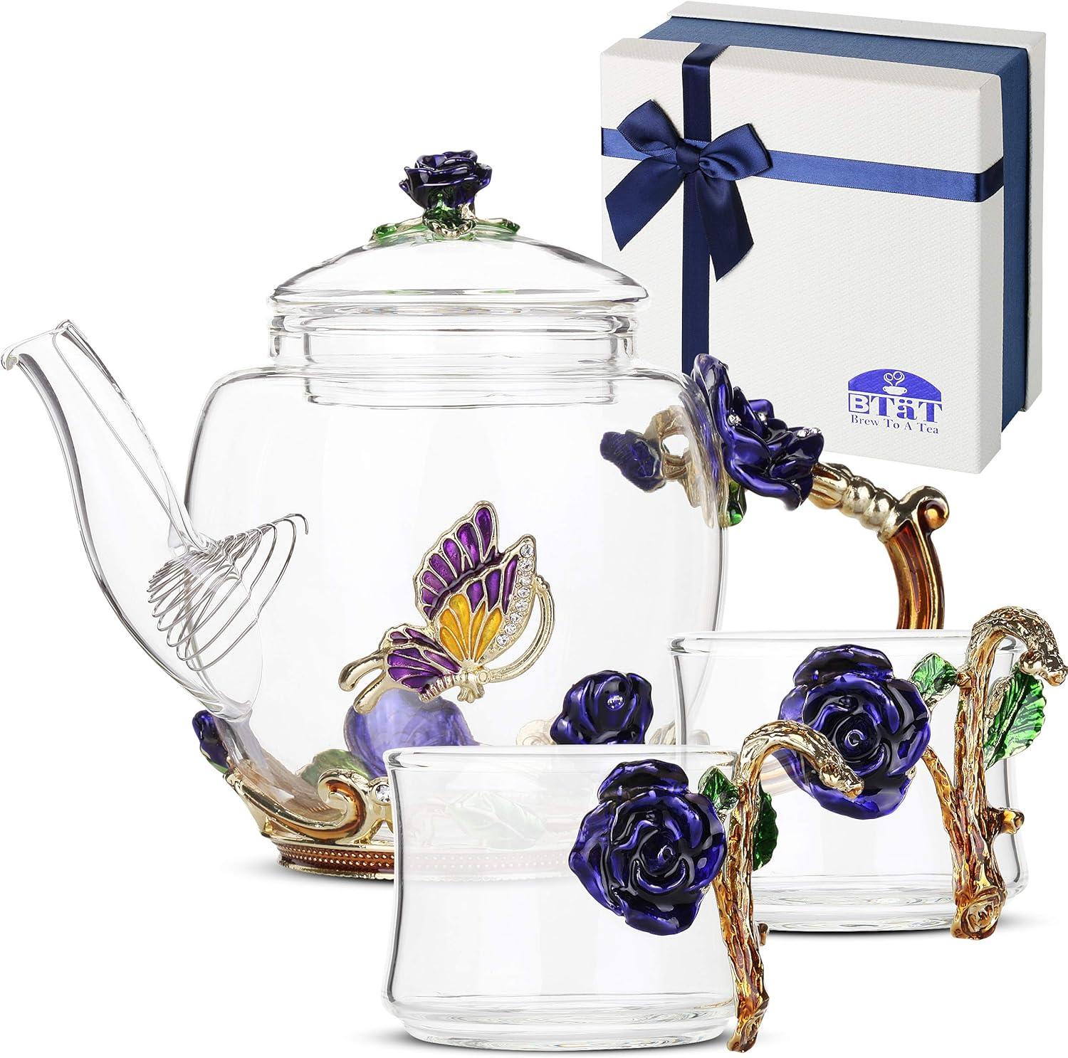 Elegant Floral Glass Tea Set with Butterfly and Rose Details