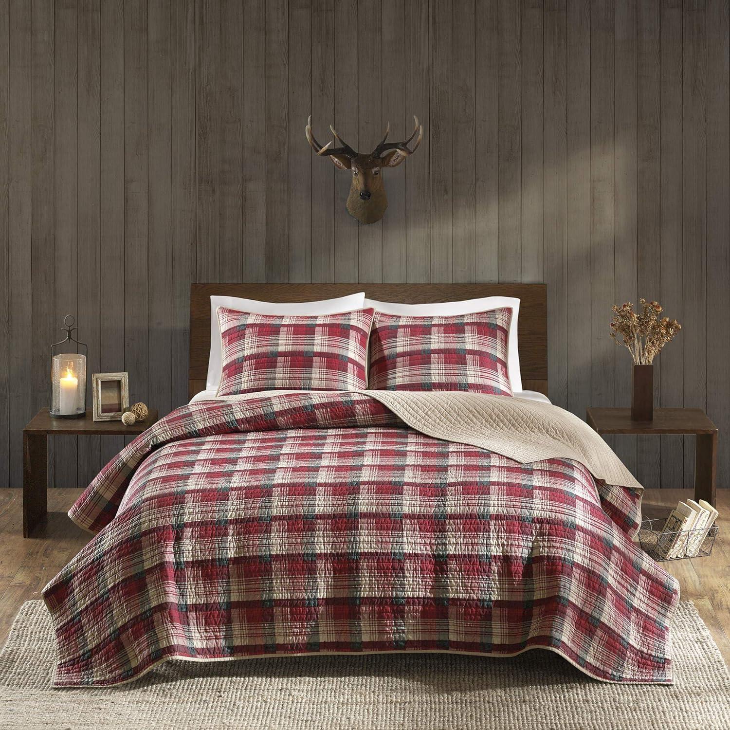 Red and Tan Plaid Cotton Reversible Full Quilt Set