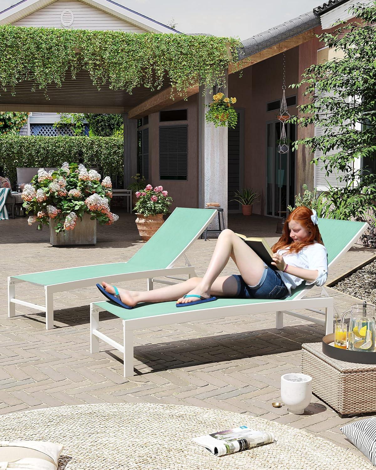 Beige Aluminum Adjustable Outdoor Chaise Lounge with Textilene Fabric