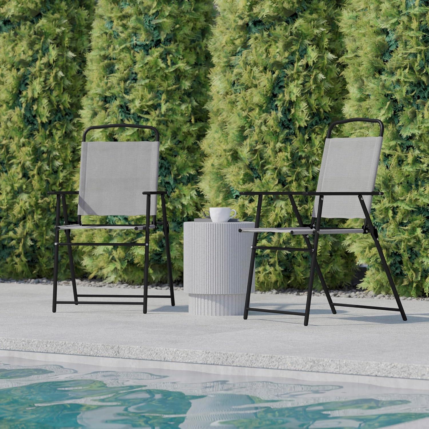 Flash Furniture Set of 2 Mystic Folding Patio Sling Chairs, Outdoor Textilene Lawn Chairs with Armrests in Gray