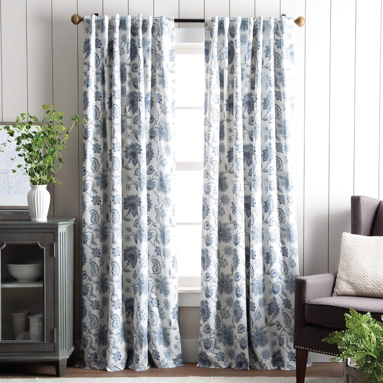 Indigo Floral Cotton Blend Blackout Curtain Panels, 50" x 84"