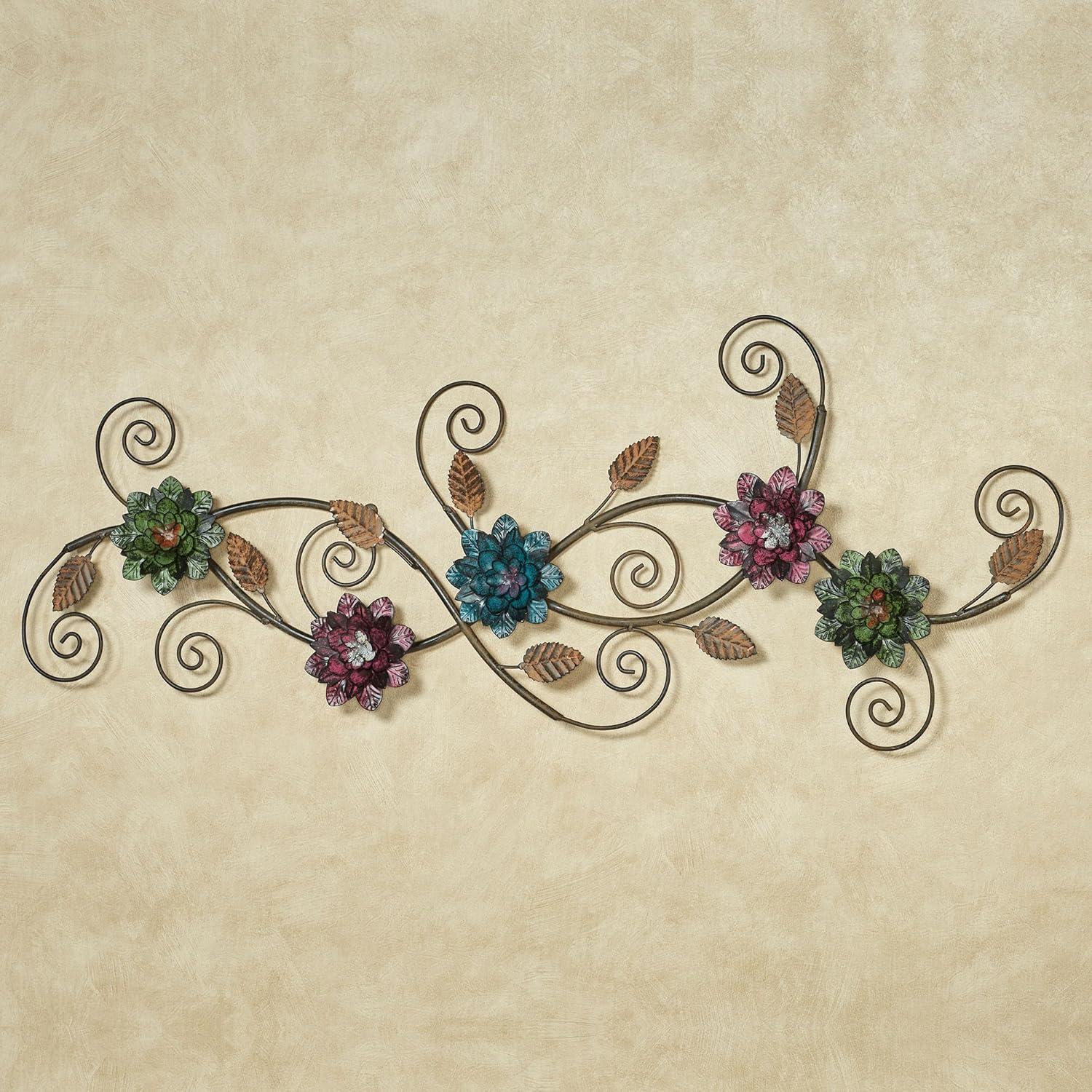 Golden Bronze Metal Wall Art Sculpture with Purple and Green Flowers