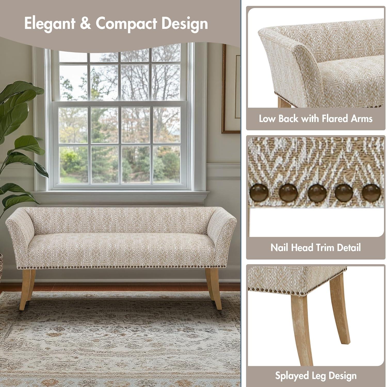Madera Accent Bench Taupe: Madison Park, Rectangle, Nailhead Trim, Polyester Upholstery, Wood Legs