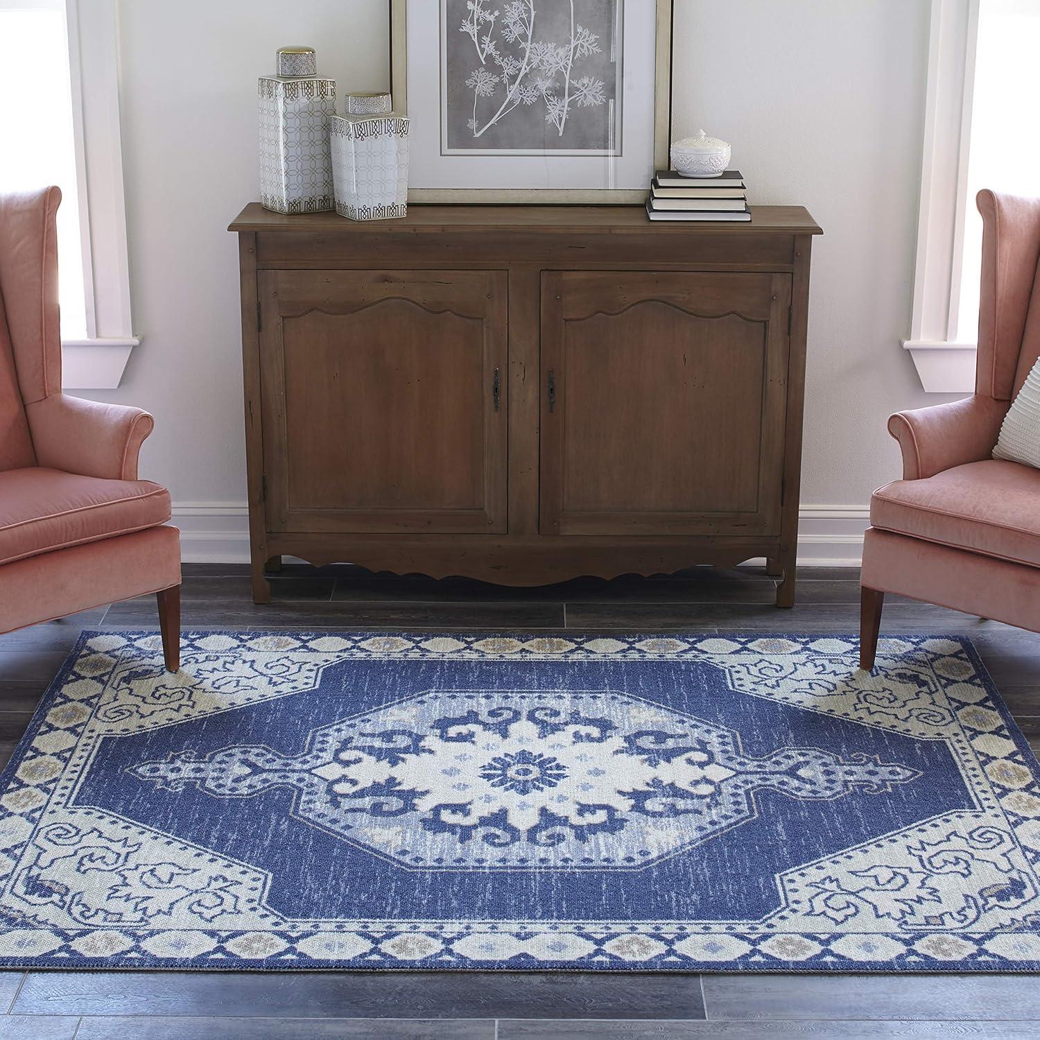 Momeni 6'6"x9' Anatolia Thoma Medallion Machine Loomed Area Rug Navy Blue: Wool & Nylon, Low Pile, Indoor Classic Pattern