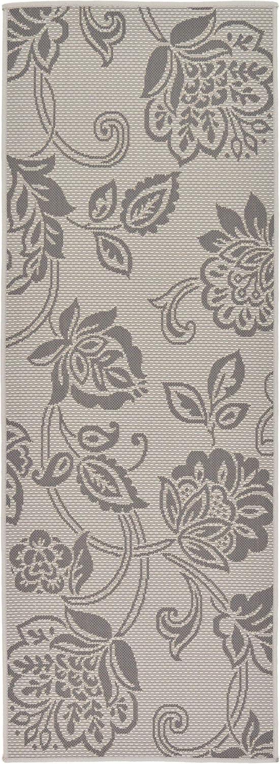 Reversible Gray Outdoor Runner Rug with Botanical Design, Easy-Care Synthetic