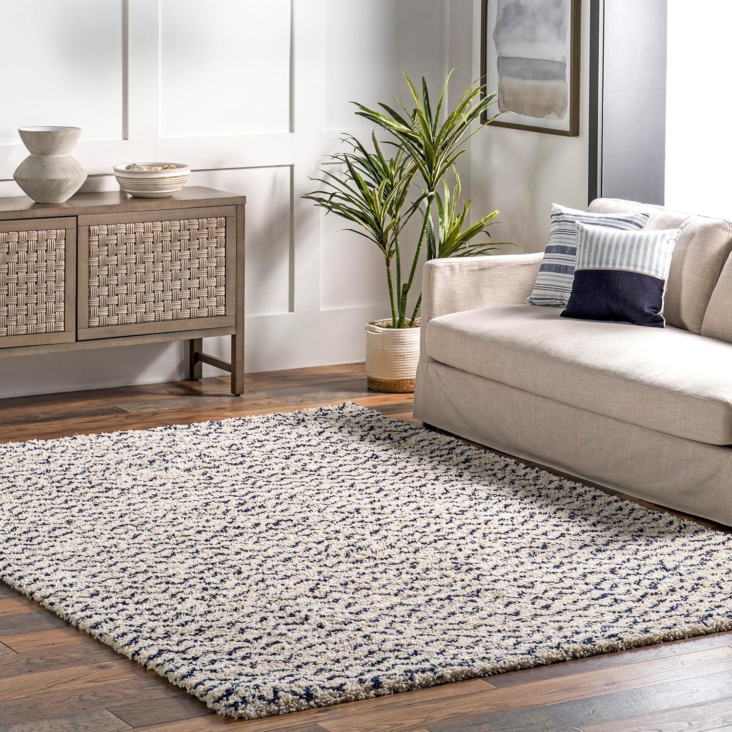 Nuloom Cuellar Striped 9x12 Shag Indoor Area Rug for Living Room Bedroom Dining Room Nursery, Navy/Ivory