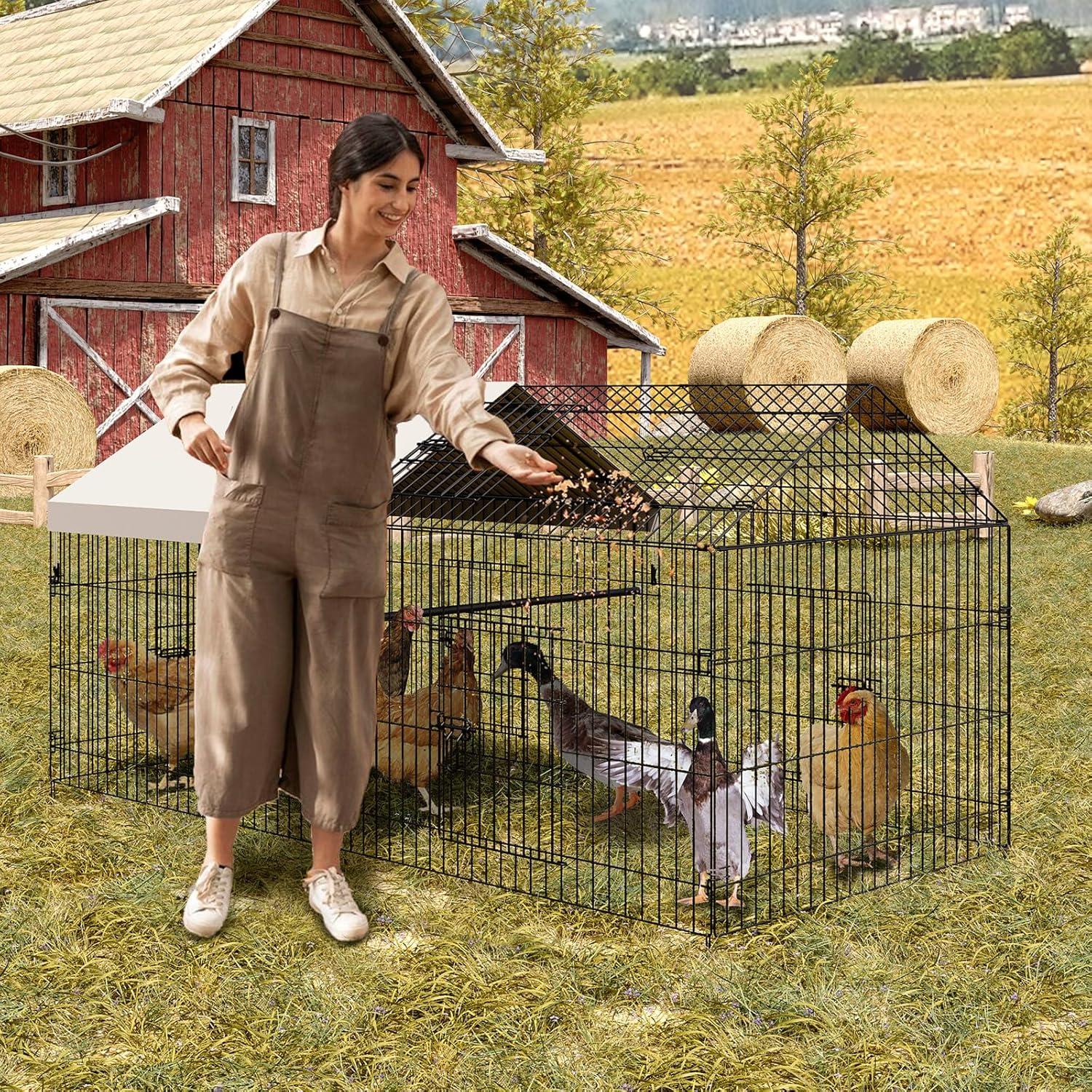 Metal Chicken Coop, 86 x 40 x 40 Inch Chicken Run for Yard with Waterproof Cover, Outdoor Portable Chicken Pen with 4 Doors, 1 Window, Chicken House for Small Animals Duck, Rabbit, Hen