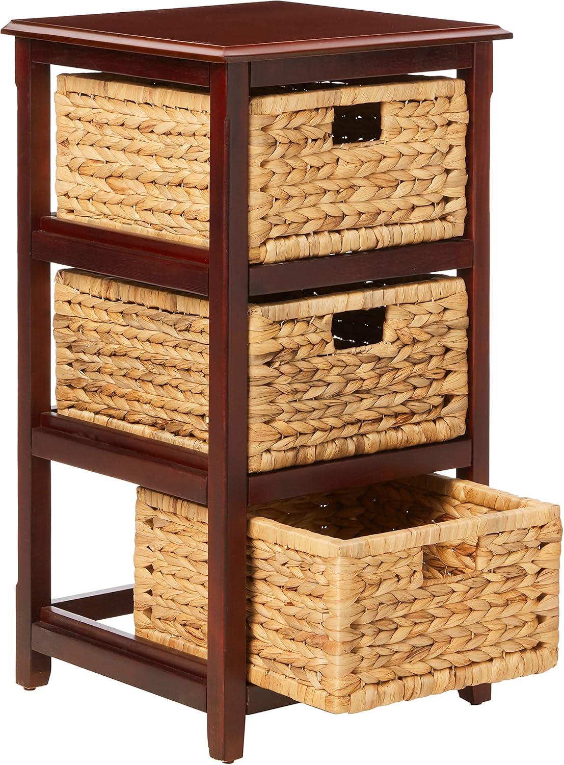 OSP Home Furnishings Seabrook Three-Tier Storage Unit With Espresso Finish and Natural Baskets