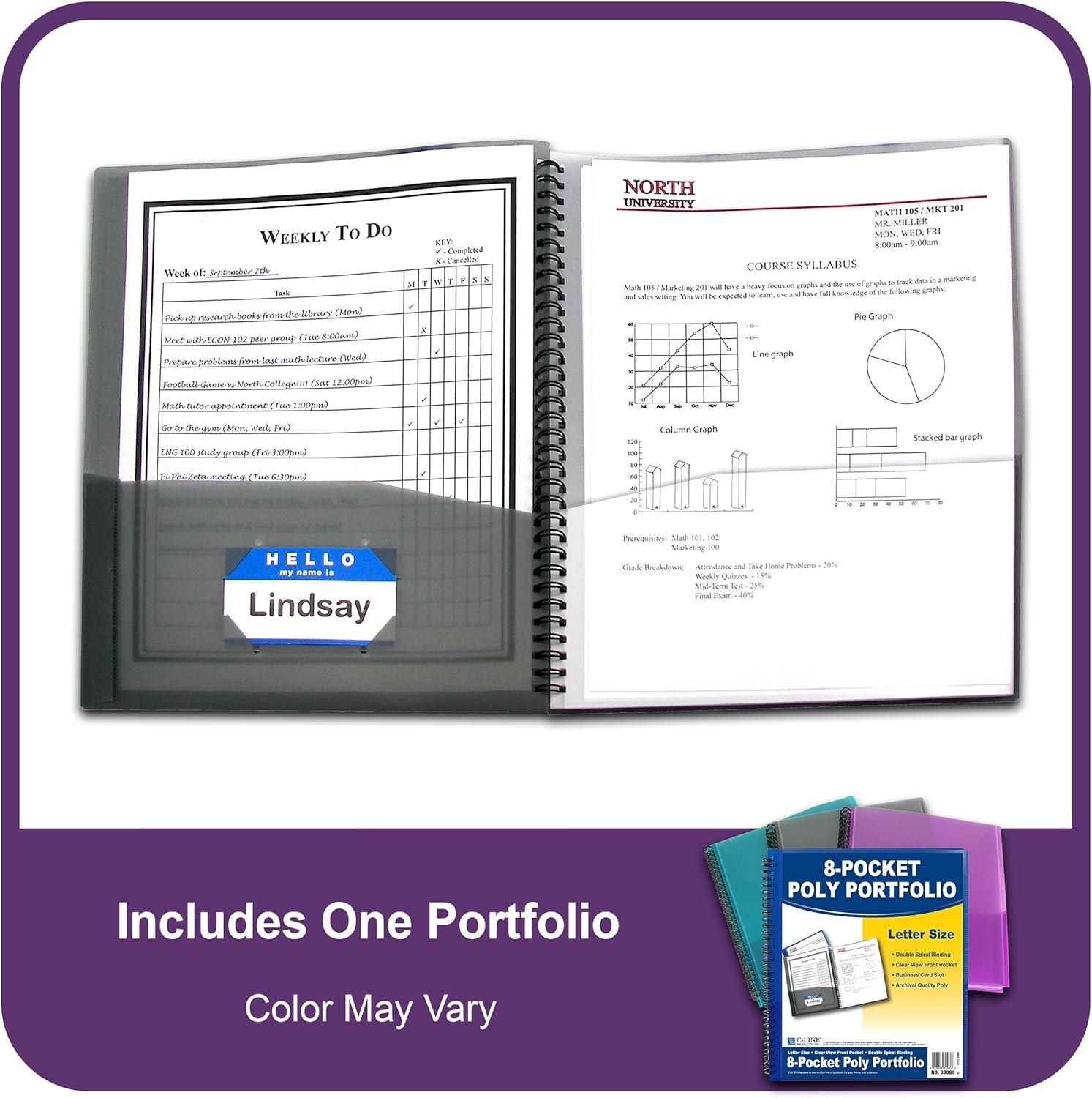 C-Line 8-Pocket Spiral-Bound Poly Portfolio, Assorted Tropic Tones, Single