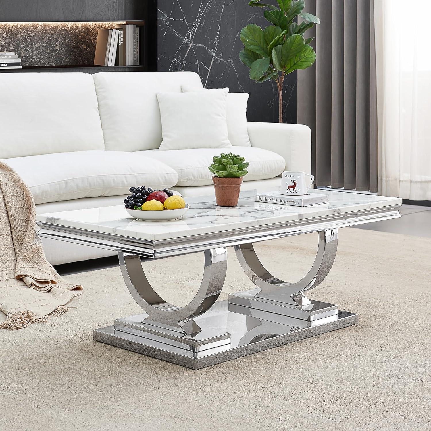 Rectangle Marble Coffee Table With Stainless Steel Base