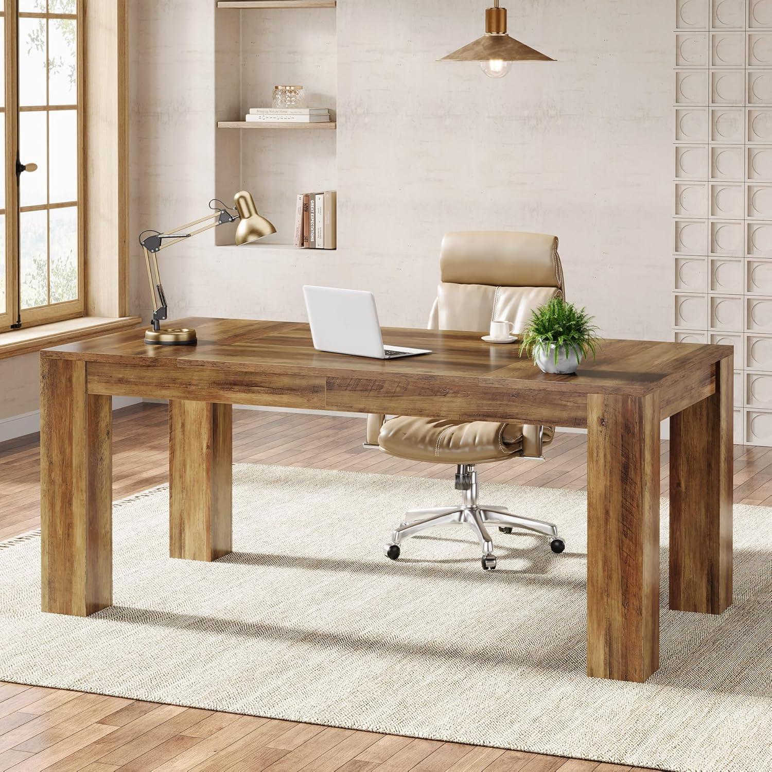 Tribesigns 63-Inch Executive Computer Desk, Industrial Writing Table with Solid Wooden Base for Home Office, Brown