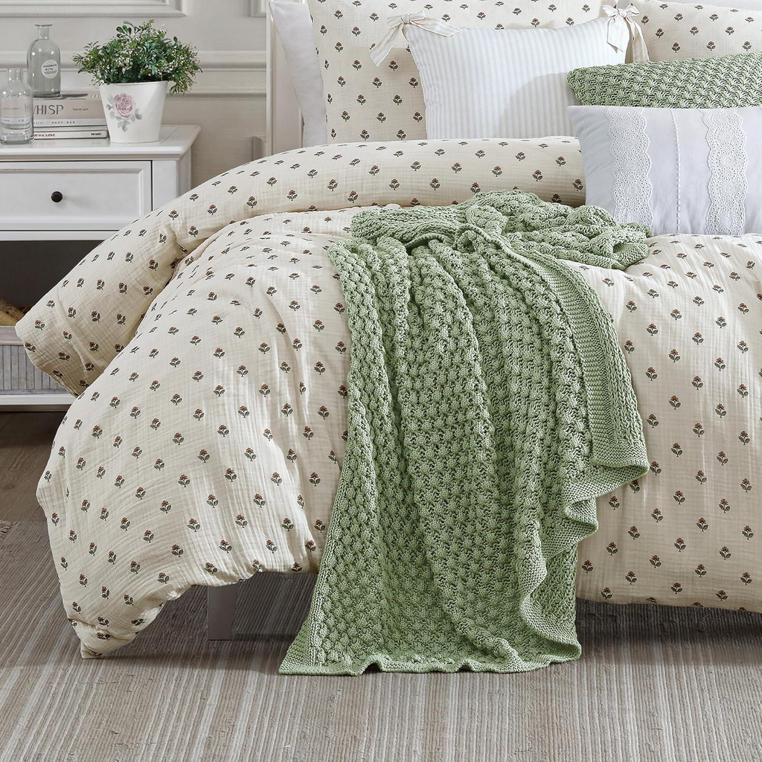 Sage Green Cotton Crochet Knit Throw Blanket 50 x 70