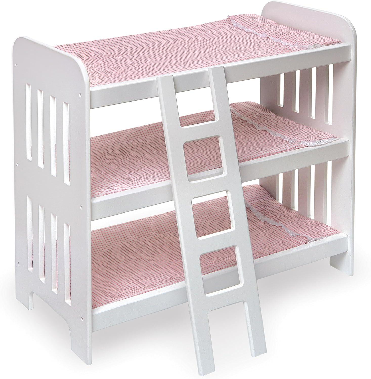 Badger Basket Triple Doll Bunk Bed with Ladder, Bedding, and Free Personalization Kit - Pink Gingham