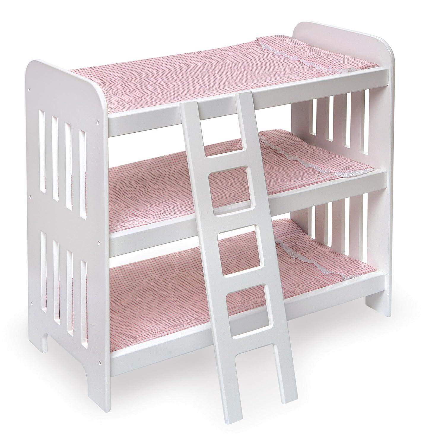 Badger Basket Triple Doll Bunk Bed with Ladder, Bedding, and Free Personalization Kit - Pink Gingham