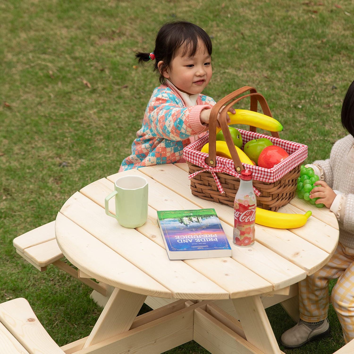 Admeto Wooden Kids Round Picnic Table Bench, Outdoor Children's Backyard Table, Crafting, Dining, and Playtime Patio Table