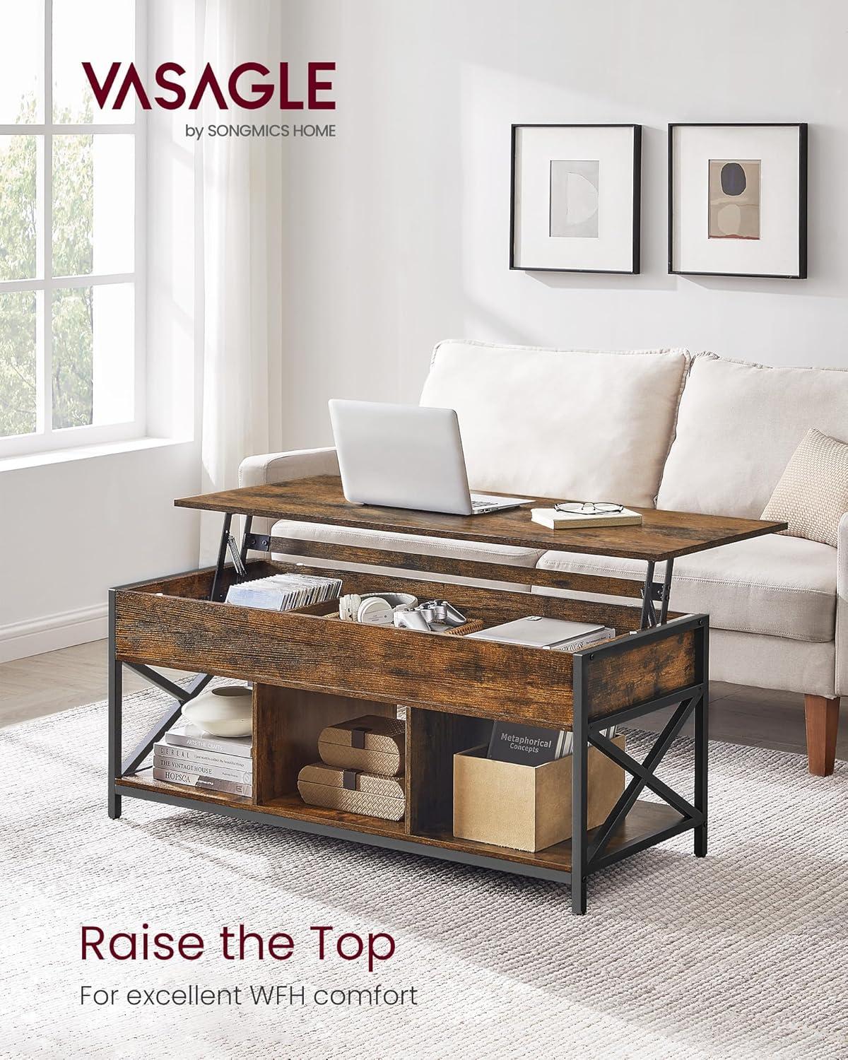 Rustic Brown and Black Lift-Top Coffee Table with Storage