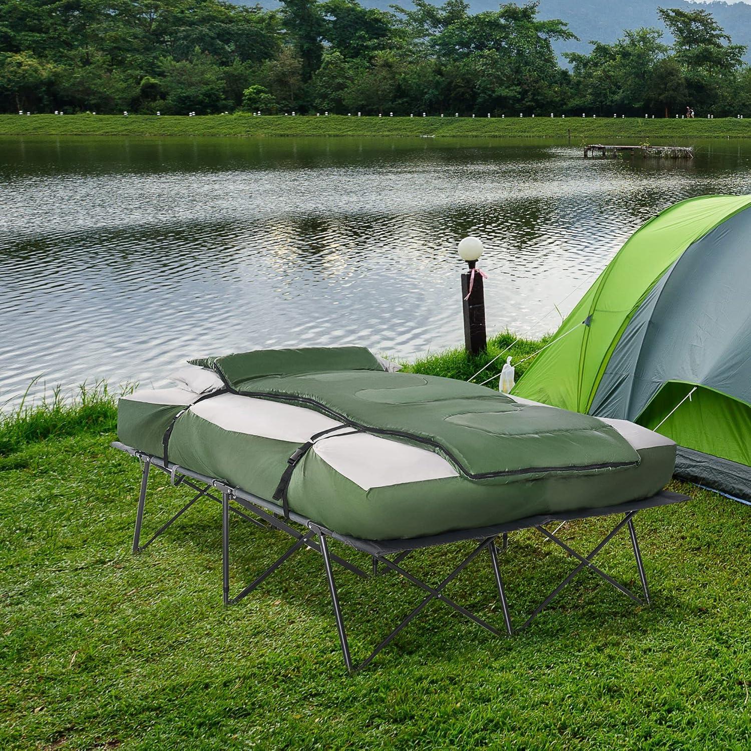 Outsunny 2-Person Folding Camping Cot Portable Outdoor Bed Set with Sleeping Bag, Inflatable Air Mattress, Comfort Pillows and Carry Bag for Outdoor