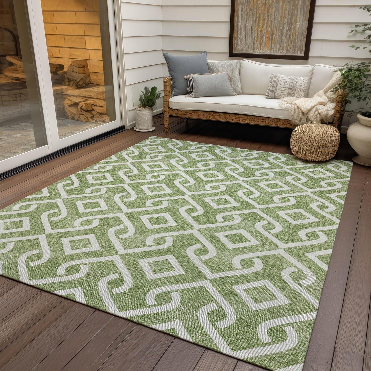 Green Geometric 8' x 10' Machine Washable Indoor Outdoor Rug