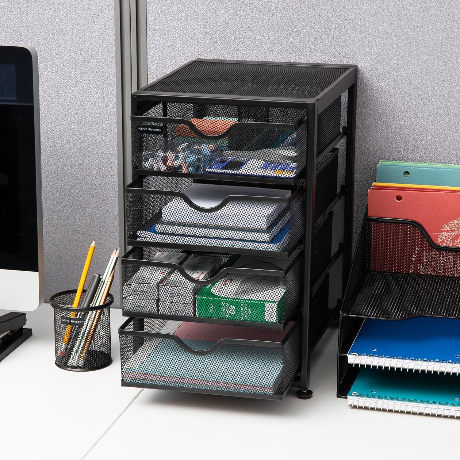 Compact Black Metal Mesh 4-Drawer Cabinet Organizer