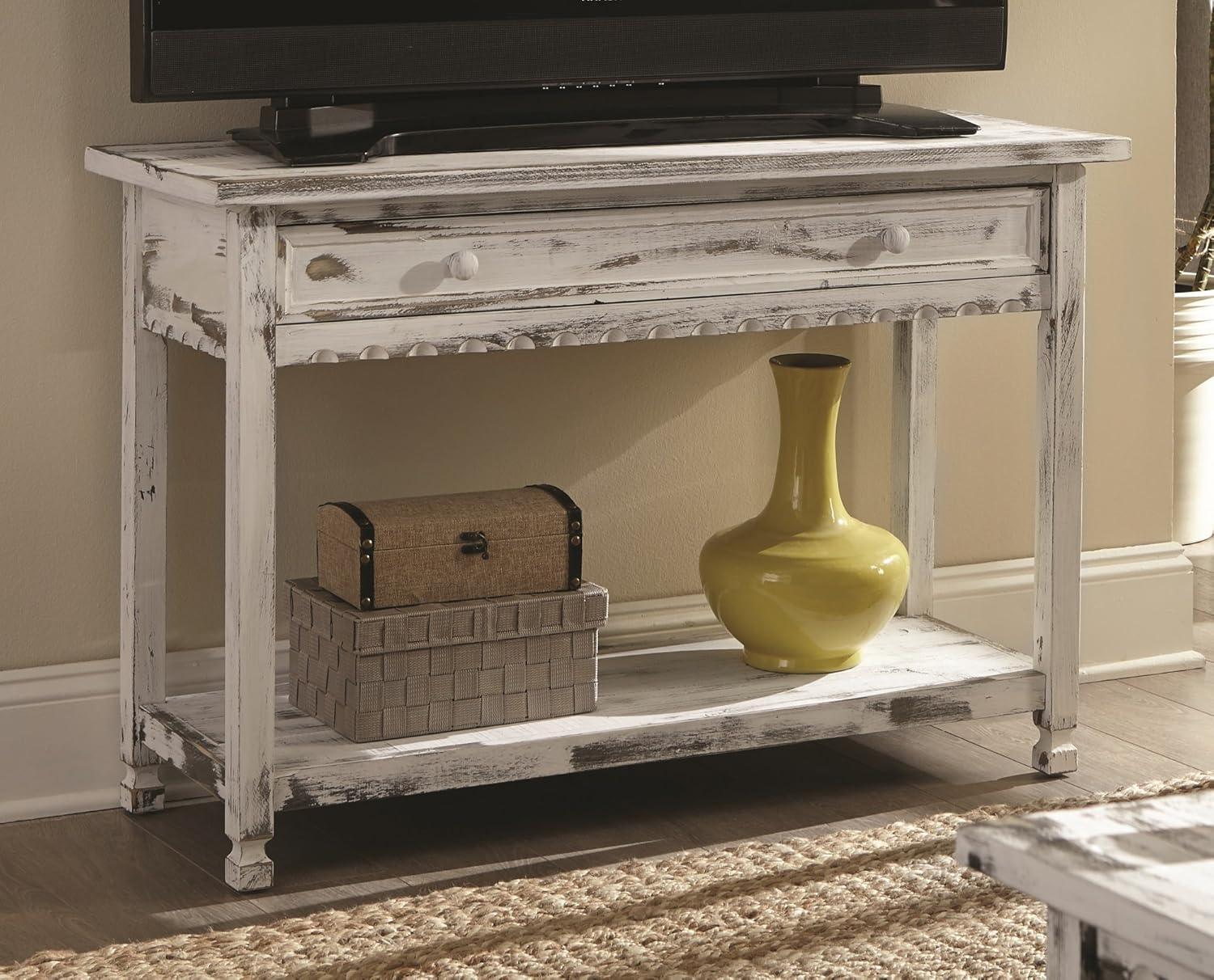 Antique White Cottage-Inspired Media Console with Storage Shelf