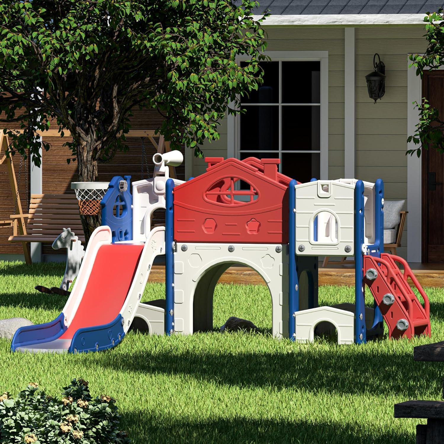 ningbolubikejiyouxiangongsi Kids Slide Playset With Climber, Toddlers Freestanding Castle With Basketball, Storage Area, Tunnel For Indoors And Outdoors, Gift For Children