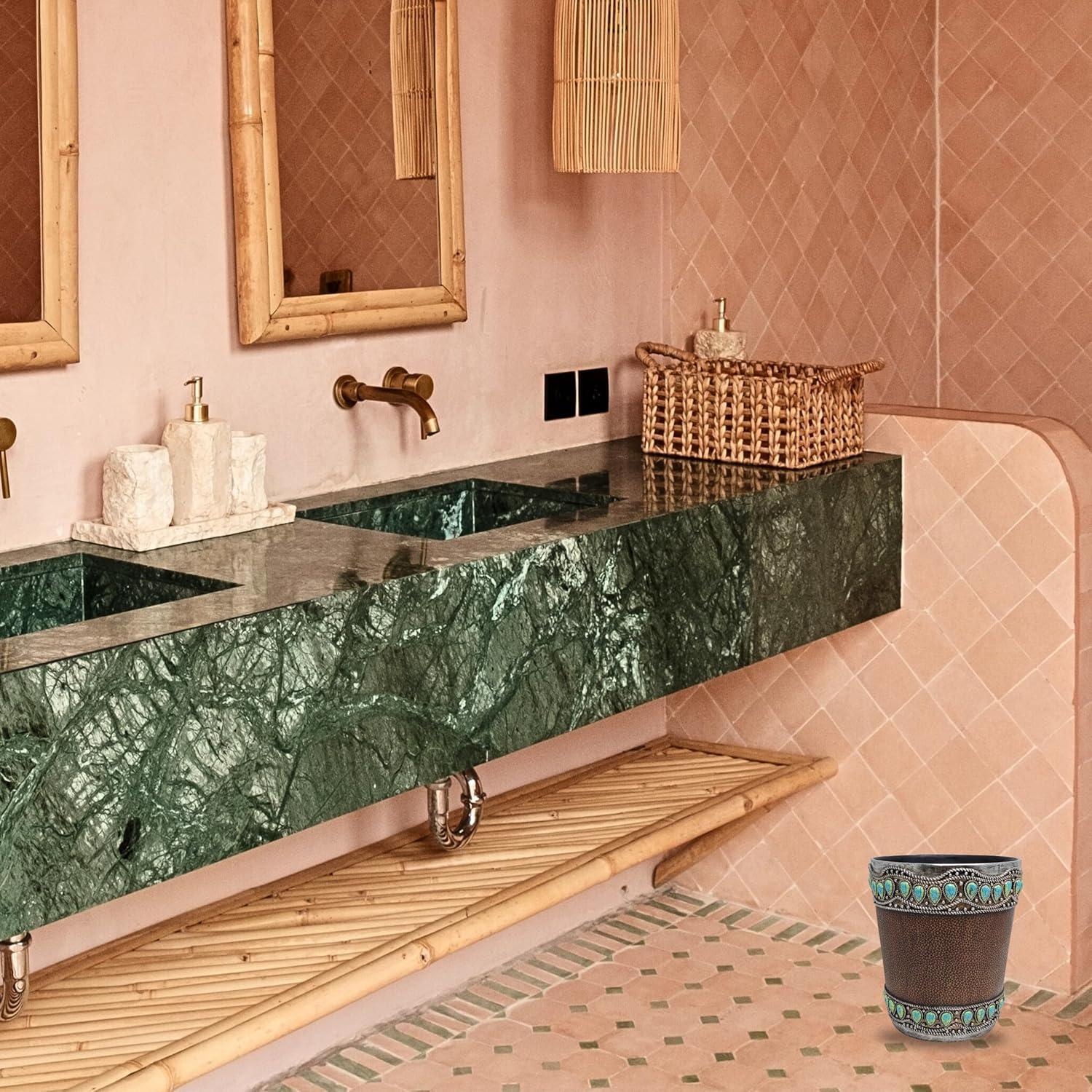 Decor Idea Decorative Resin Faux Leather Small Wastebasket with Turquoise Gem - Southwestern Rustic Trash Bin