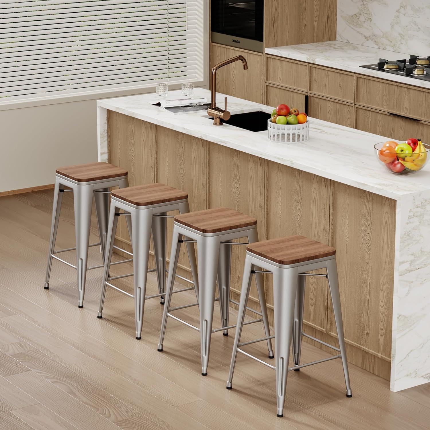 Drevy 26" Metal Counter Height Bar Stools Set of 4 Industrial Backless Kitchen Patio Counter Stool Stackable Barstools Wood Top-Silver