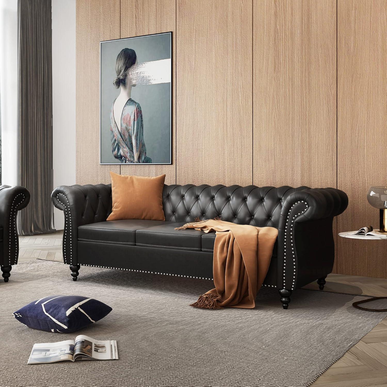 PU 3 Seater Sofa, Chesterfield Sofa Modern Tufted Couch 3 Seater Large Sofa with Scroll Arms and Nailhead for Living Room, Black PU