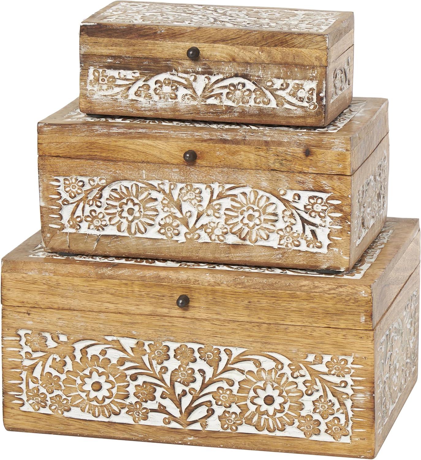 Set of 3 Carved Floral Mango Wood Lidded Boxes