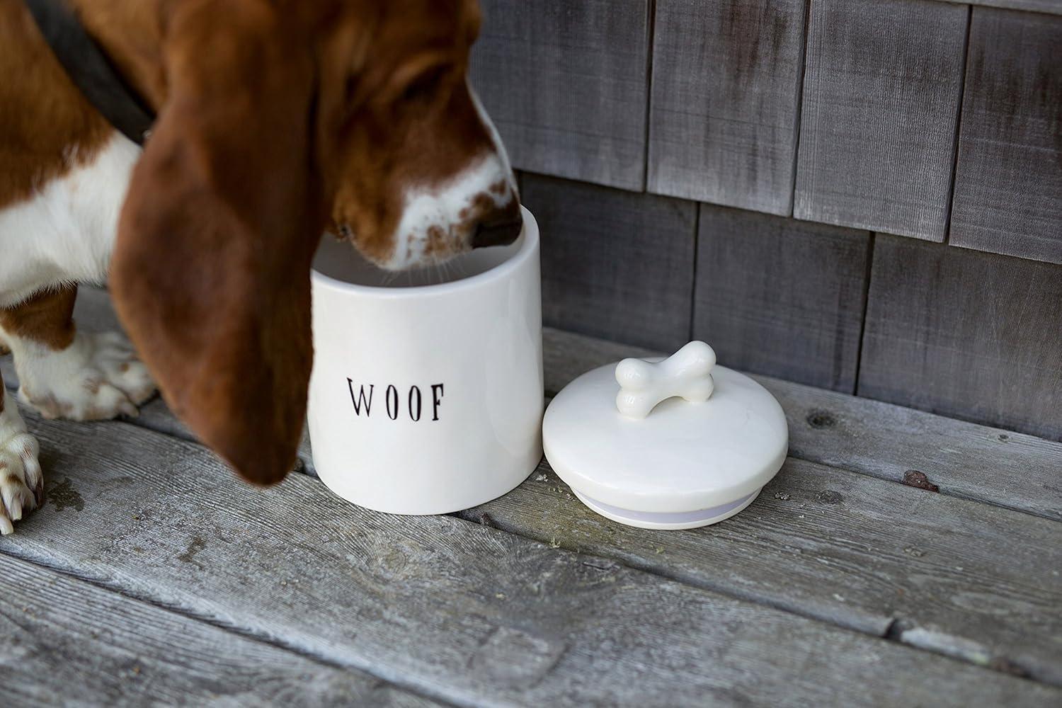 creative co-op da5576 woof ceramic dog treat jar, with with bone handle, white