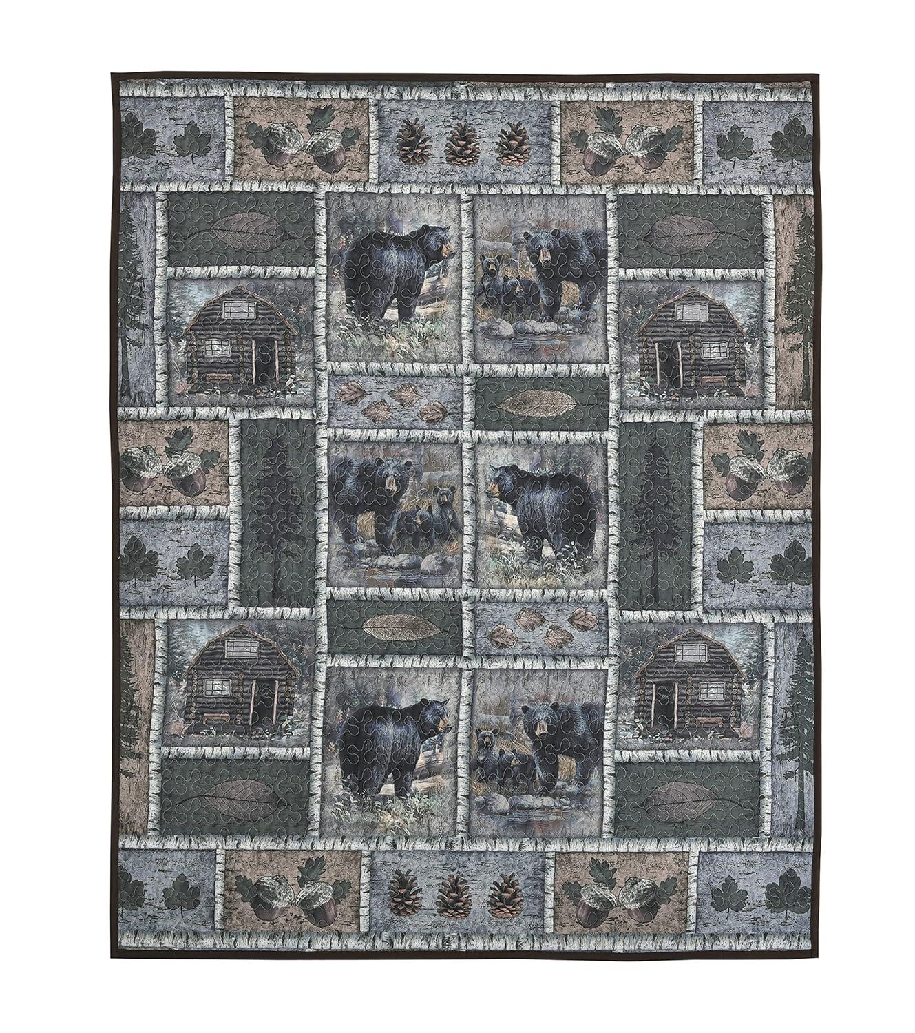 De Leon Collections  60 x 50 in. Bear Lodge Patchwork Woodland Decorative Quilt Throw Blanket, Multi Color