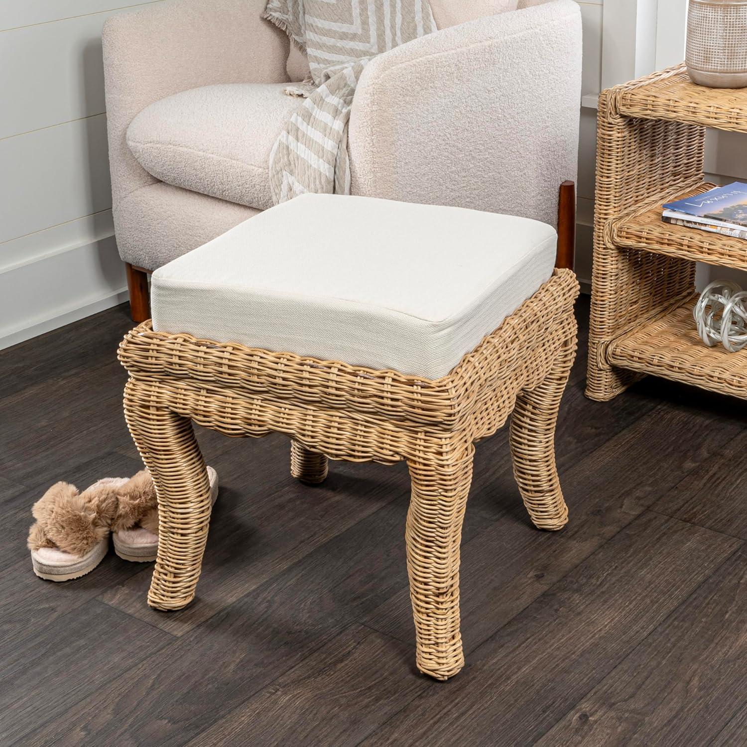JONATHAN Y Rowan 19.7" Bohemian Designer Woven Rattan/Wood Vanity Stool, White Cushion with Natural Frame