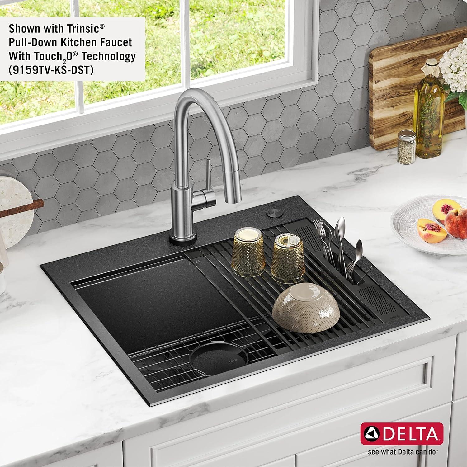 Delta Rivet™ Black Stainless Steel Drop-In Top Mount 16 Gauge Workstation Kitchen Sink Single Bowl