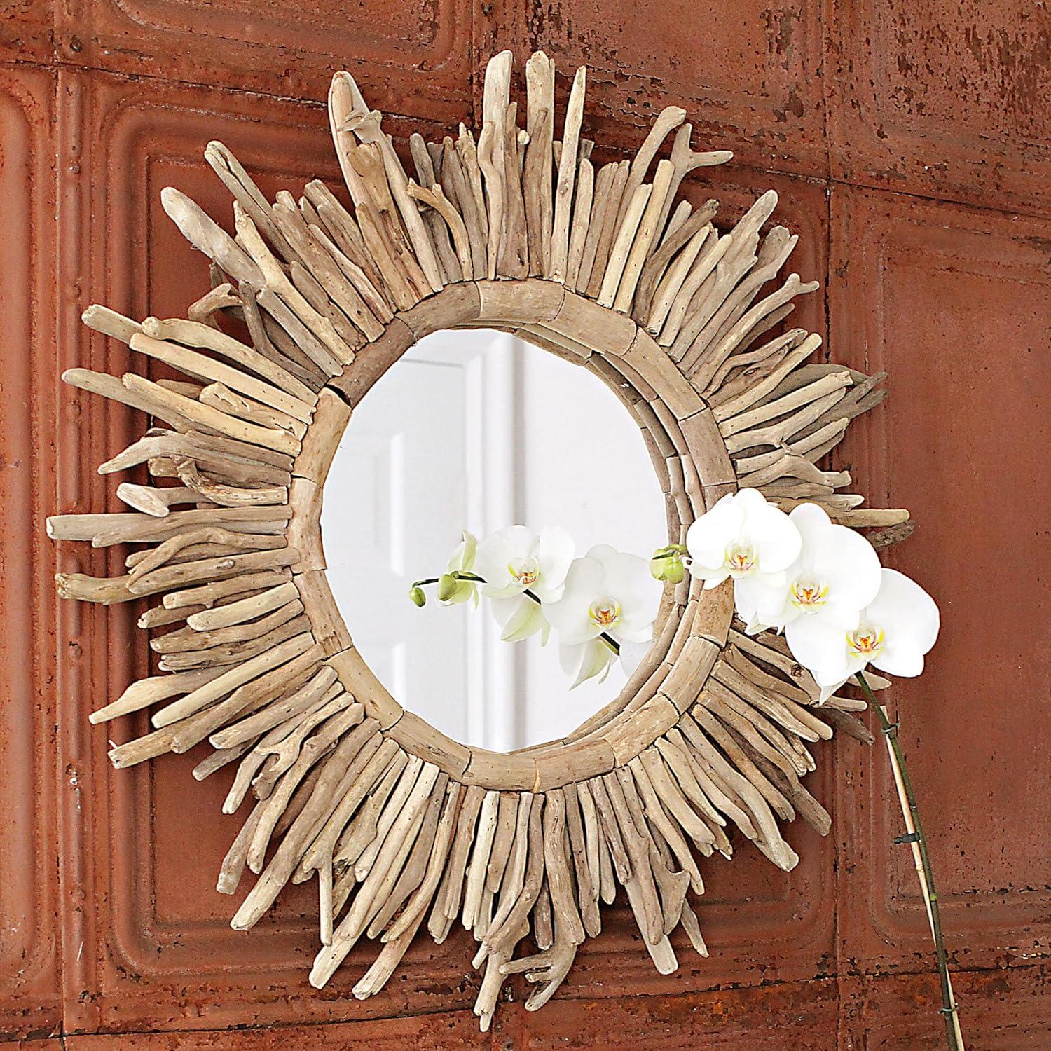 Coastal Charm Driftwood Sunburst Round Wall Mirror, 26"