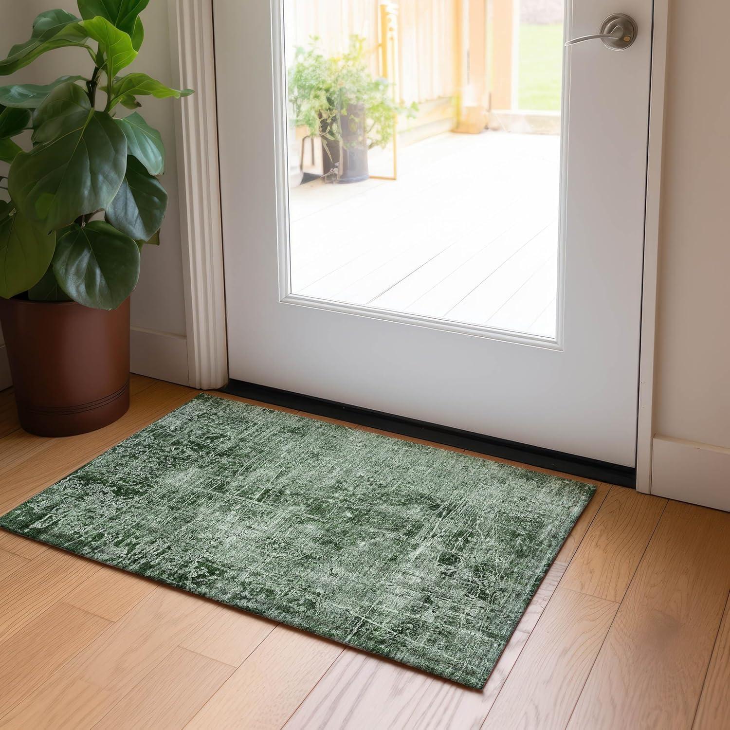 Emerald Green Synthetic Flat Woven Rectangular Rug