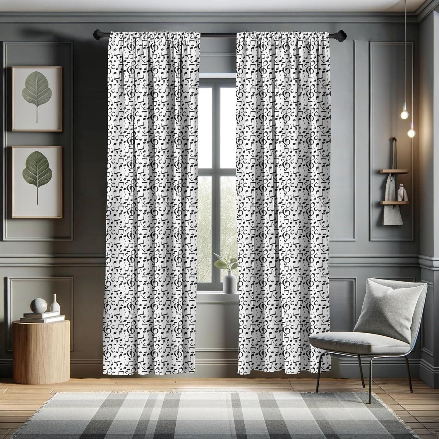 Black and White Musical Notes 95" Rod Pocket Curtain Panel Pair