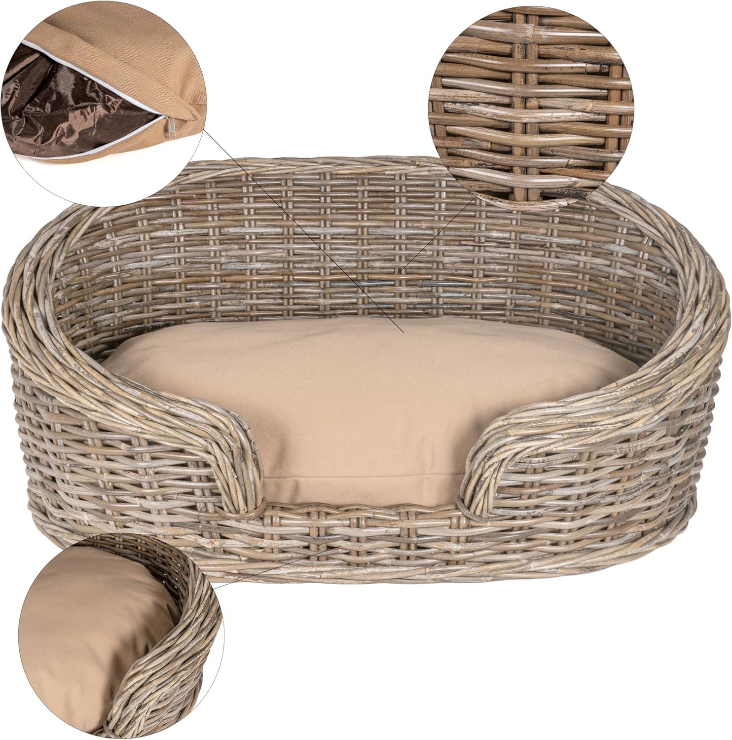 THE LICKER STORE Curvy 33" x 21.25" Classic Handwoven Rattan Dog Bed with Machine-Washable Cushion, Kubu Gray