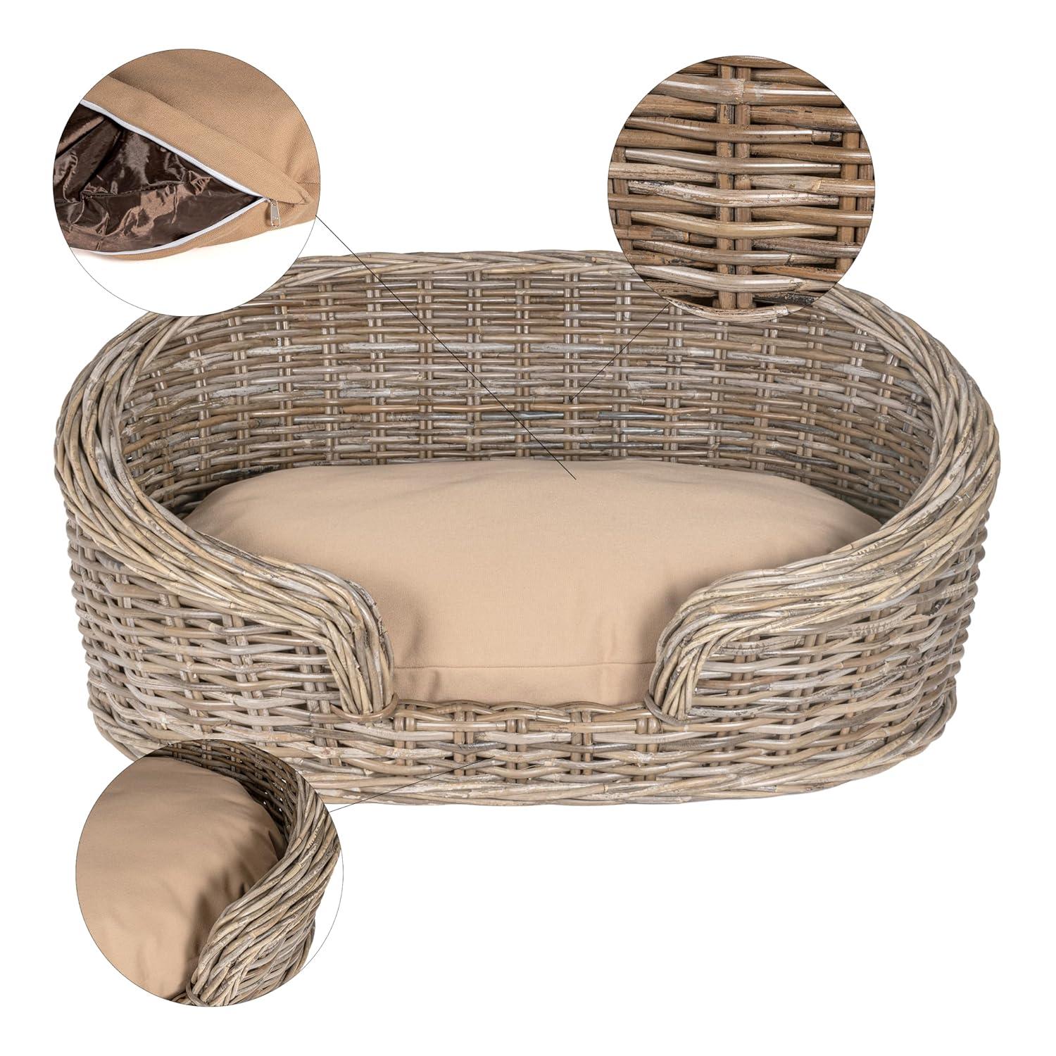 THE LICKER STORE Curvy 33" x 21.25" Classic Handwoven Rattan Dog Bed with Machine-Washable Cushion, Kubu Gray