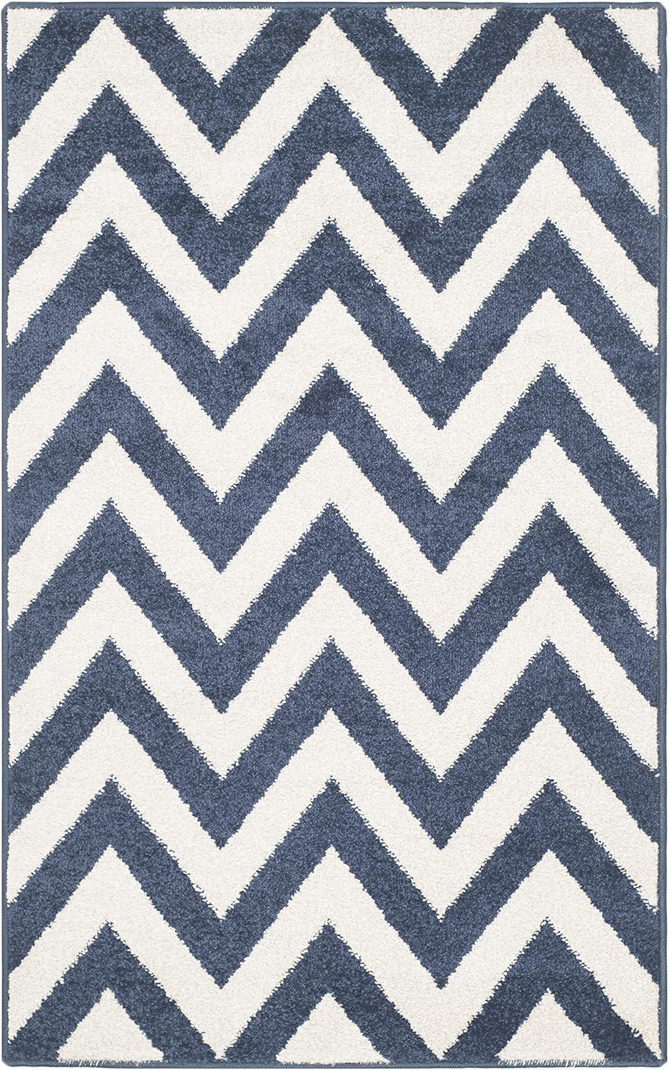 Navy and Beige Chevron Pattern Synthetic Area Rug, 2'6" x 4'