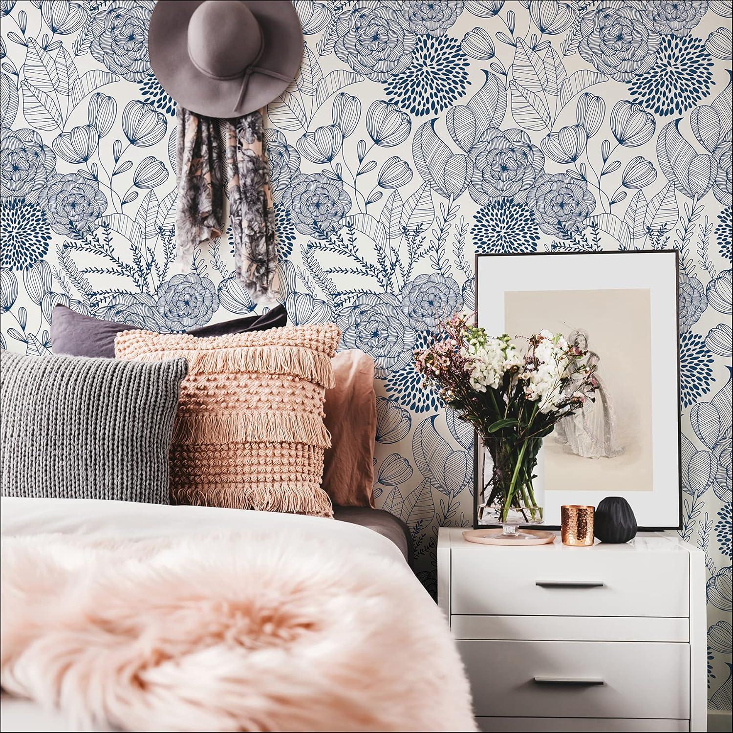 NuWallpaper Secret Garden Peel and Stick Wallpaper Navy: Removable Vinyl, Self-Adhesive, Smooth Finish, 28.2 Sq Ft Coverage