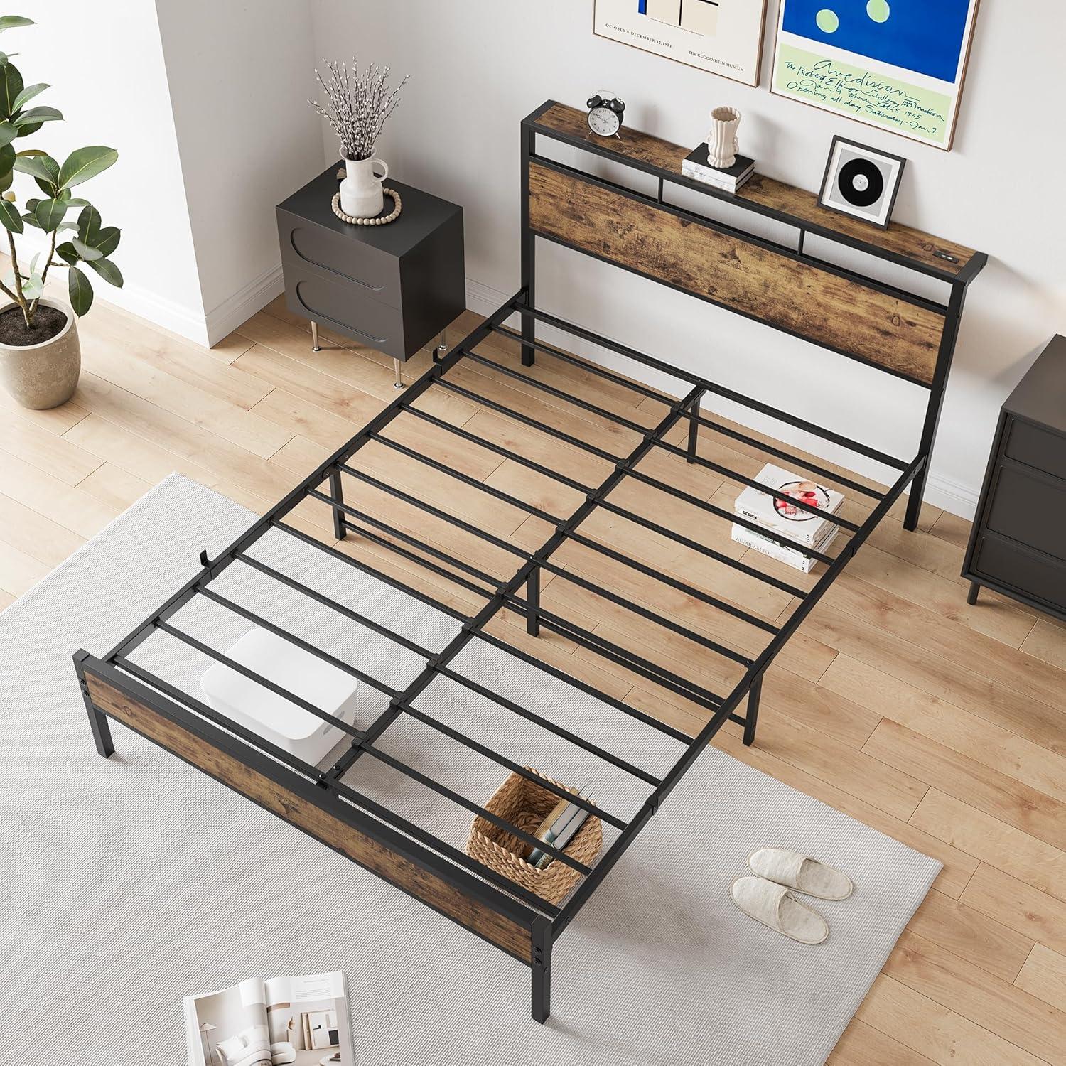 LegaHome Full Bed Frame, Metal Platform Bed with Storage Headboard and Charging Station, Strong Slat Support, Full Size Bed Frame for Kids Teens Adults, No Box Spring Needed, Black