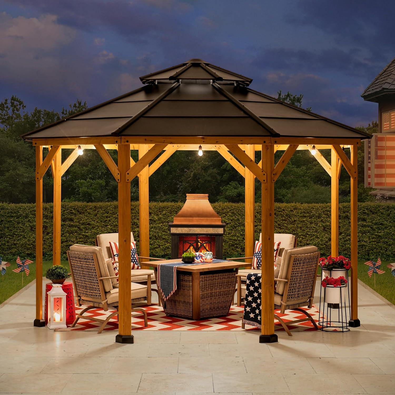 Cedar Framed Octagon Gazebo with Brown Steel Roof and Ceiling Hook