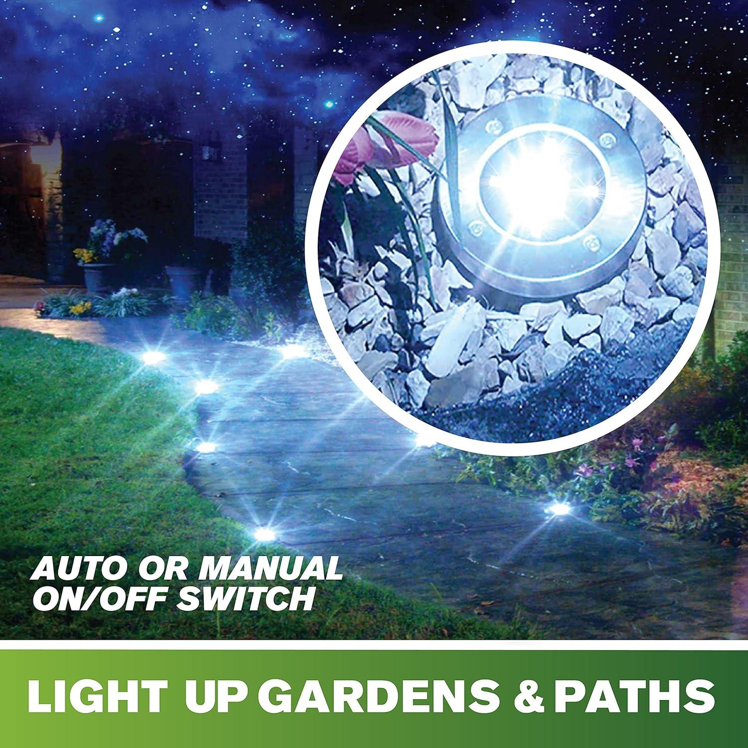 Bell + Howell Disk Lights Bronze – Heavy Duty Outdoor Solar Pathway Lights – 4 LED, Auto On/Off, Water Resistant, with Included Stakes, for Garden, Yard, Patio and Lawn, 4 Pack