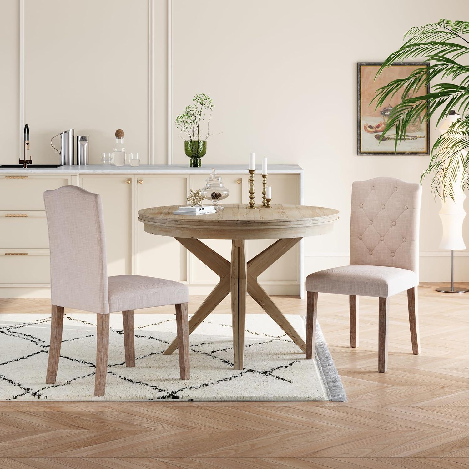 DrInn Traditional Tufted Linen Upholstered Dining Chairs, Beige (Set of 2)