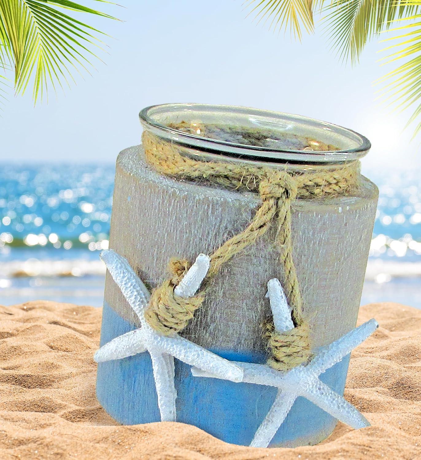 CoTa Global Ocean Breeze Wooden Pillar Candle Holder - Tabletop Coastal Decor Candle Holder with Hanging White Starfish, Ocean-Themed Blue Candle Holder Centerpieces - Handmade, Color May Vary