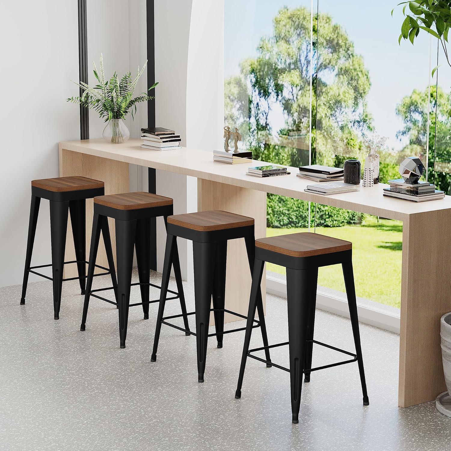 Set of 4 Black Metal and Wood Counter Stools