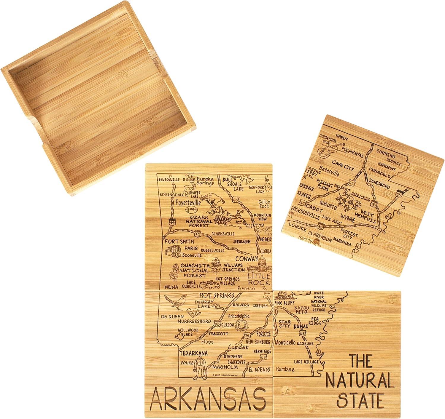 Arkansas State Puzzle Bamboo Coaster Set with Case